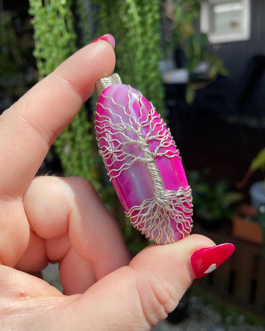 Pink Dyed Agate Tree Wire-Wrapped Crystal Pendant